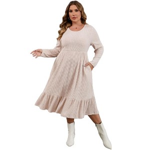 Plus Size Women's Ribbed Knit Maxi Dress - High Waist, Side Pockets, Round Neck Long Ankle-Length Dress - 1 of 4