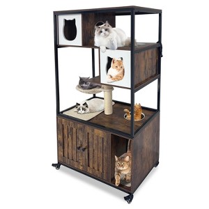 Cat Litter Box Enclosure Furniture with Barn Door & Metal Frame, Hidden Litter Box Furniture with Condo Hammock Scratching Mat, Brown - 1 of 4