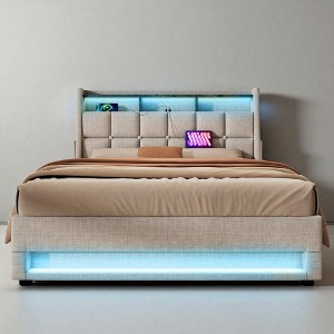 Full Size Upholstered Platform Bed with LED Lights, USB Charging Port, Storage Shelf, Hydraulic Lift Storage, Wood & Metal Slats - 1 of 4
