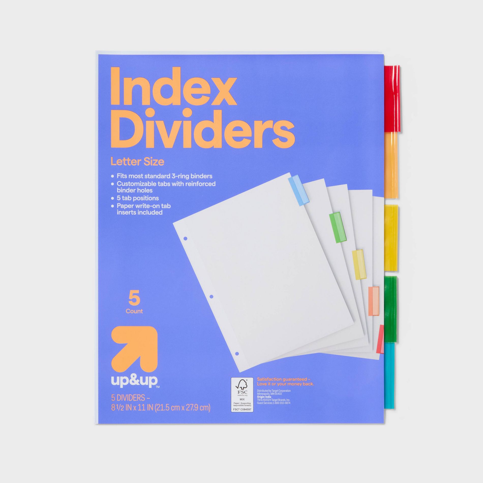 5ct Letter Index Dividers - up&up™: 3 Hole Punched Binder Accessories, White, 11" x 8.52"