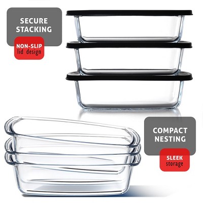 Black Rectangular Glass Food Storage Containers with Lids, Set of 6