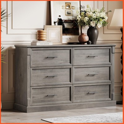 Farmhouse 6 Drawer Dresser for Bedroom, Rustic Chest of Drawers with Metal Handles, Large Double Dresser TV Stand