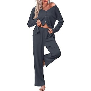 Ekouaer Womens Waffle Knit Pajamas Loungewear Two-piece Sleepwear Button-Down Pj Set with Pockets - 1 of 3