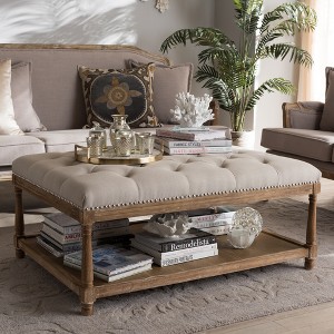 Carlotta French Country Weathered Oak Linen Rectangular Coffee Table Ottoman Beige - Baxton Studio: Elegant Tufted Design, Storage Shelf - 1 of 4