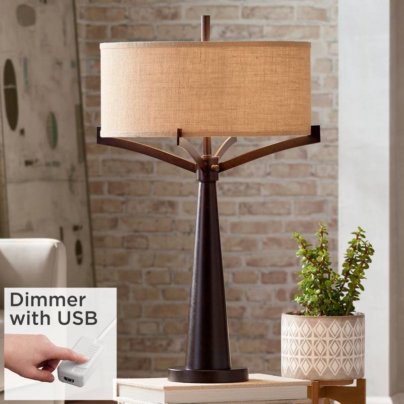 Franklin Iron Works Rustic Farmhouse Table Lamp with USB Charging Port 31.5" Tall Bronze Metal Burlap Fabric Drum Shade Living Room Bedroom, 2 of 10