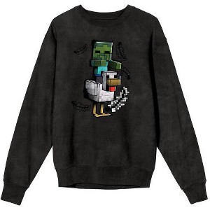 Minecraft Chicken Jockey Adult Mineral Wash Black Salt Crew Neck Long Sleeve Sweatshirt - 1 of 1