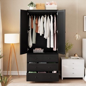 Wooden Wardrobe Cabinet with 3 Drawers,Armoire Wardrobe Closet with Large Capacity Storage, 2 Doors Clothing Storage Cabinet for Bedroom - 1 of 4
