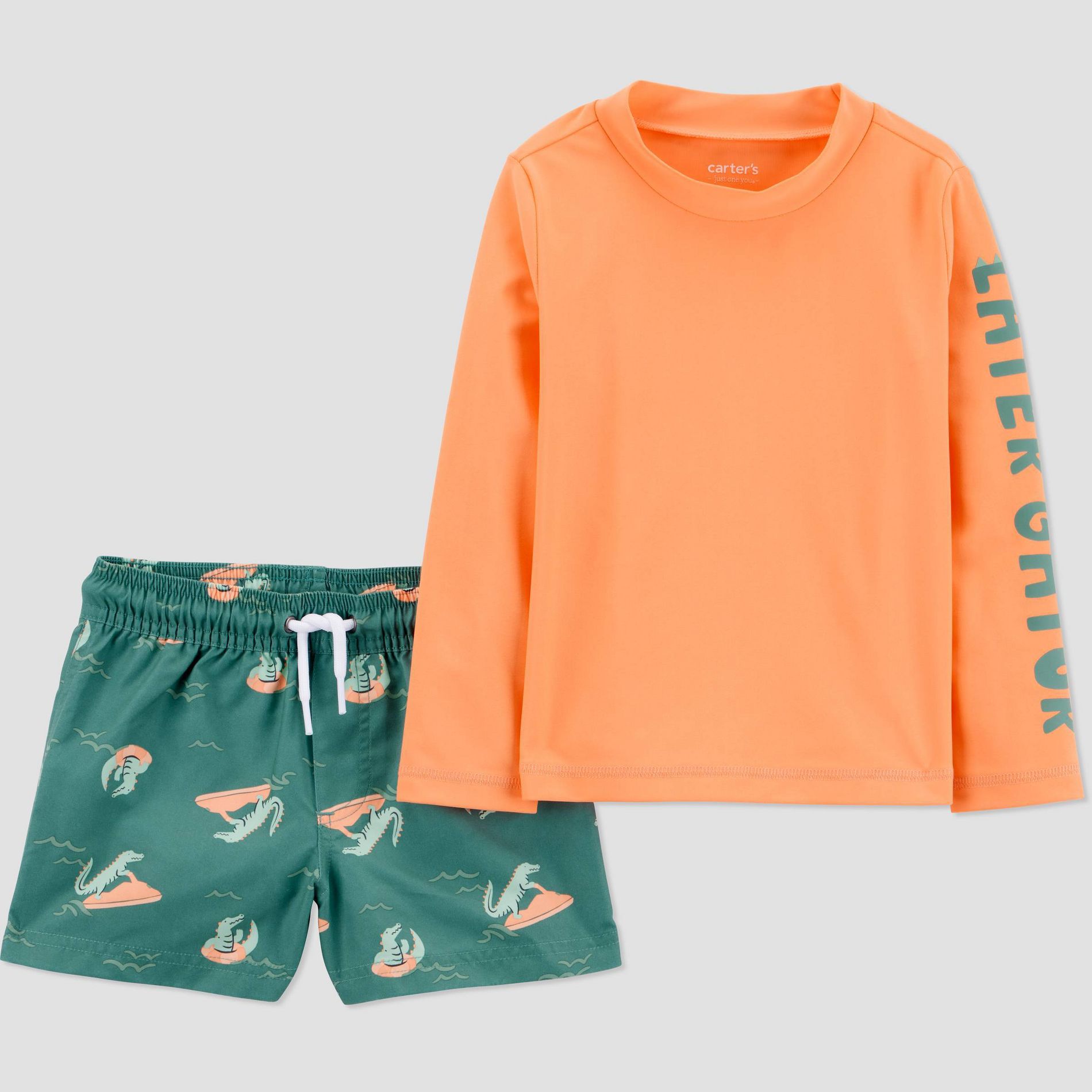 Carter's Just One You® Toddler Boys' Long Sleeve Gator 2PC Rash Guard & Swim Trunk Set - Orange 3T