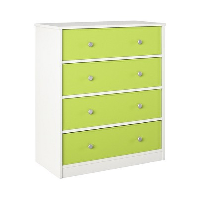 Ameriwood Home Mya Park Tall Dresser with 4 Fabric Bins, White w/ Green Bins