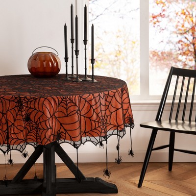 Elrene Crawling Halloween Spider Lace Lined Tablecloth - Black/Orange - Elrene Home Fashions