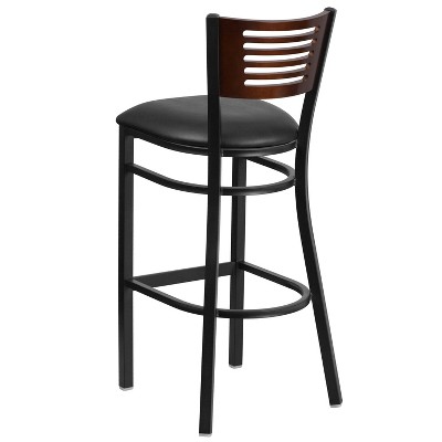 Walnut Wood Back Black Vinyl Seat Metal Barstool