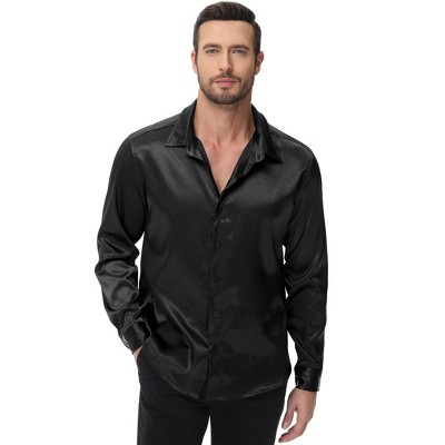 Men's Shiny Satin Dress Shirts Long Sleeve Button Down Blouses