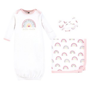 Hudson Baby Infant Girl Gown, Swaddle Blanket and Cap or Headband, Modern Rainbow, 0-6 Months - 1 of 4