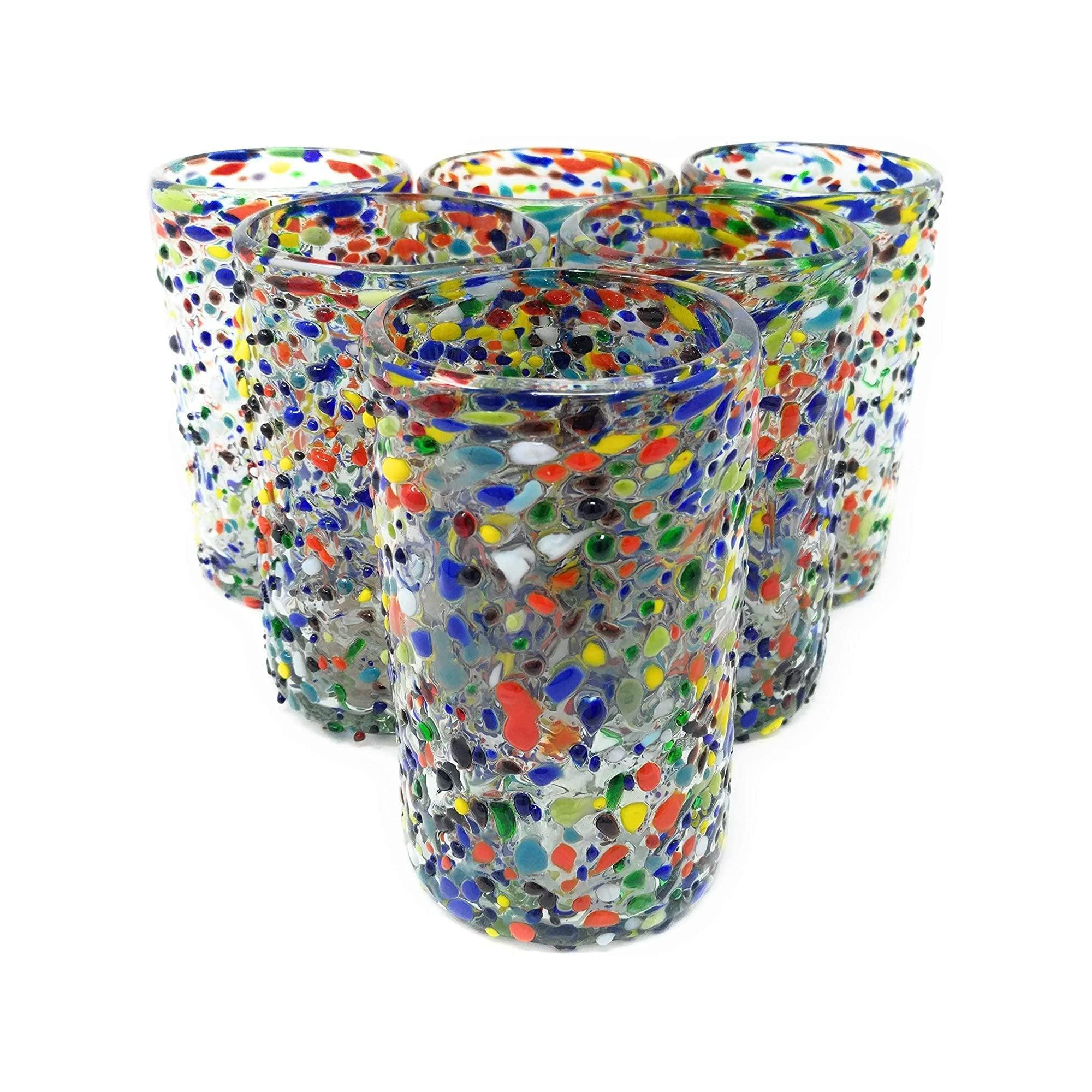Dos Sueños Mexican Hand Blown Drinking Glasses - Confetti Rock Design - 14oz - Set of 6
