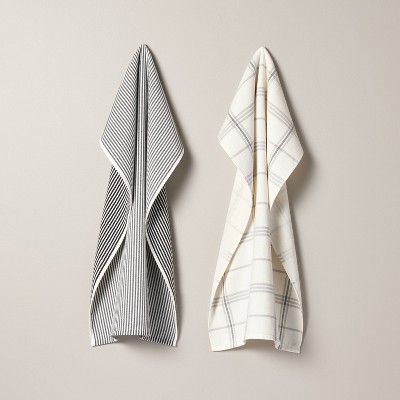 2ct Plaid &#38; Stripe Terry Kitchen Towels Gray/Cream - Hearth &#38; Hand&#8482; with Magnolia