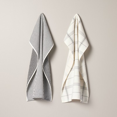 2ct Plaid & Stripe Terry Kitchen Towels Gray/Cream - Hearth & Hand™ with Magnolia: Cotton-Blend, Machine Washable