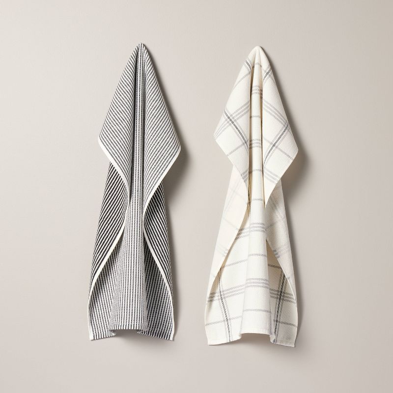 2ct Plaid &#38; Stripe Terry Kitchen Towels Gray/Cream - Hearth &#38; Hand&#8482; with Magnolia, 1 of 5