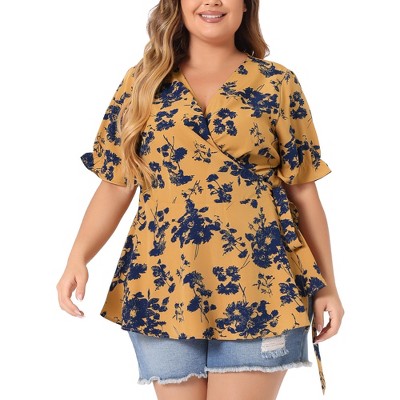 Agnes Orinda Women's Plus Size Floral Ruffle Sleeve Tie Faux Wrap Peplum Blouses