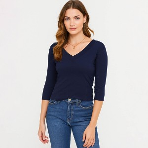 Cherie Code Women’s V-Neck Tee – Stretch Knit, Elbow Sleeve, Fitted Silhouette - 1 of 4
