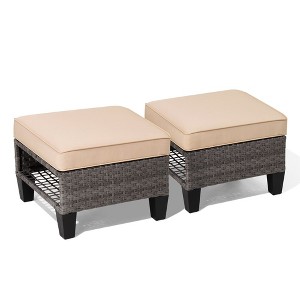 2 Pieces Outdoor Patio Wicker Ottoman Indoor Rattan Footrest Seat with Removable Comfortable Cushions - 1 of 4
