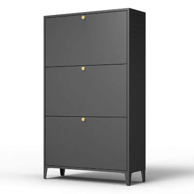 TIRAMISUBEST Black 3-Drawer Steel Shoe Cabinet - Freestanding Flip-Door Storage Organizer for Entryway, Hallway or Bedroom (Assembly Required)