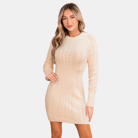 Женские платья Cupshe Women's Black Cable Knit Long Sleeve Mini Sweater Dress-L-Beige