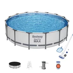 Bestway 56687E Steel Pro Max 15ft x 42in Outdoor Round Frame Above Ground Swimming Pool Set with 1000 GPH Filter Pump, & Ladder, Blue w/ Cleaning Kit