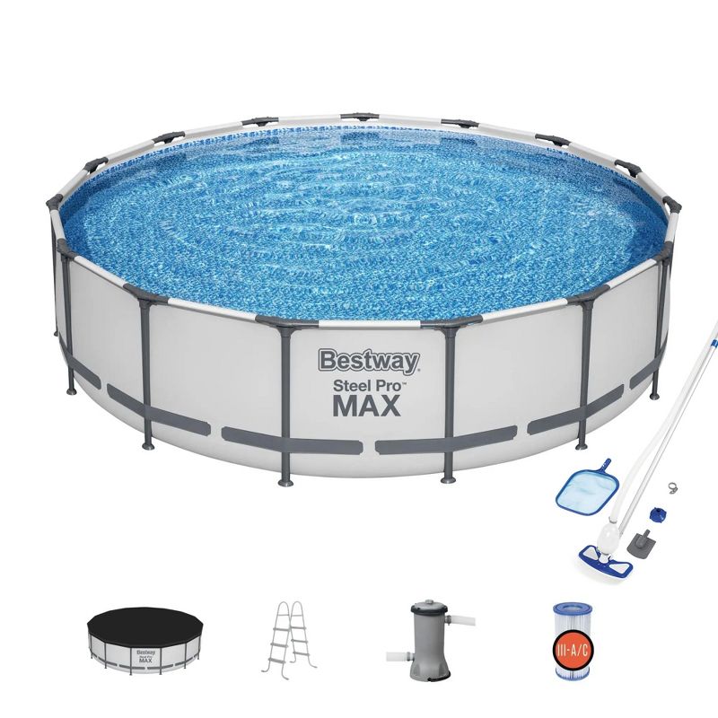 Bestway Steel Pro Max 15' x 42" Outdoor Round Frame Above Ground Swimming Pool with 1000 GPH Filter Pump, Ladder, and Cleaning Kit - Blue (56687E), 1 of 7