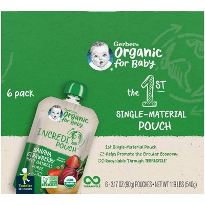 Gerber Organic Toddler 12+ Months Incredipouch Banana Strawberry Beet Oatmeal Puree - 6pk/3.17oz