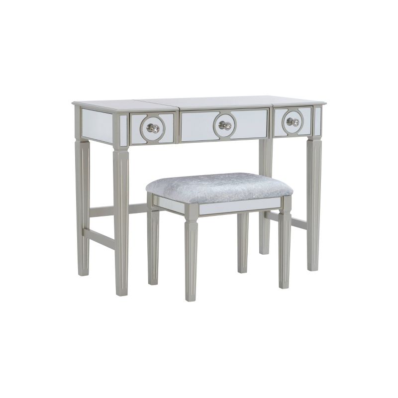 Madison Glam Flip-up Mirror 2 Drawer Vanity and Light Gray Upholstered Stool Mirror and Silver - Linon, 2 of 21