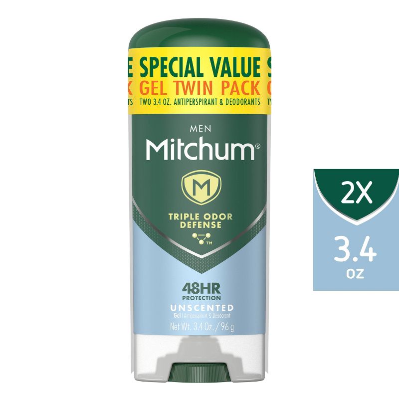 Mitchum Men&#39;s Antiperspirant &#38; Deodorant Triple Odor Defense Gel Stick, 48 Hr Protection, Unscented - Unscented - 3.4oz/2pk, 1 of 11