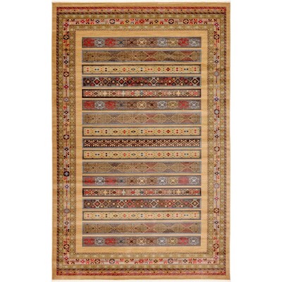 Tan and Light Blue Rectangular Synthetic Striped Rug