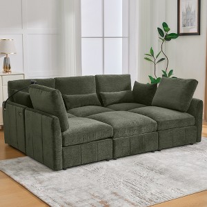85.4" Modern Chenille Modular Sectional Sofa with Movable Ottoman, U-Shaped & L-Shaped Configuration, Sofa Bed, Dual USB Ports & Phone Holder - 1 of 4