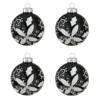 Northlight 4ct Shiny Black with White Glitter Flower Design Glass Ball Christmas Ornaments 2.5" (65mm)