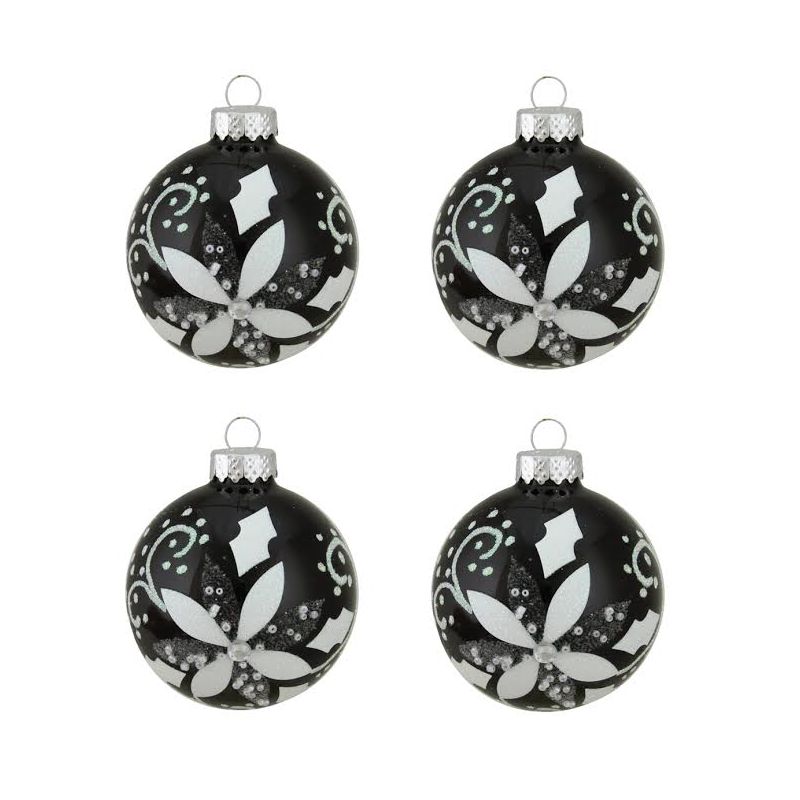 Northlight 4ct Shiny Black with White Glitter Flower Design Glass Ball Christmas Ornaments 2.5" (65mm), 1 of 2