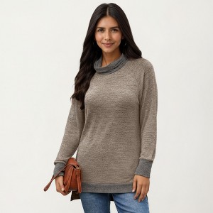 Anna-Kaci Women's Long Sleeve Cowl Neck Top with Contrast Cuffs and Hem - 1 of 4