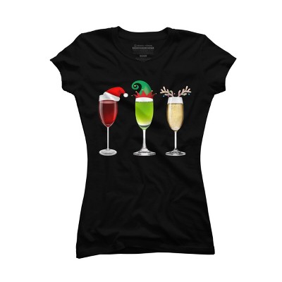 Junior's Design By Humans Red Wine Glass Santa Elf Hat Reindeer Horn Christmas By Forever9 T-Shirt