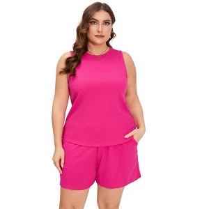 Whizmax Plus Size Sleeveless Two Sets Outfits For Women Round Neck Knit Casual Crop Tops With Shorts Hot Pink XXL - 1 of 4