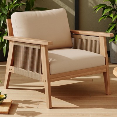 Outdoor Patio Acacia Wood Rope Weave Arm Chair with Water-Repellent Cushions