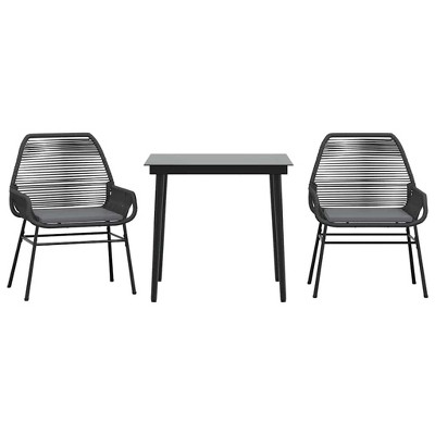 vidaXL 3 Piece Patio Dining Set - Black Poly Rattan - Cushion Seats - Tempered Glass Table - Outdoor Garden Furniture