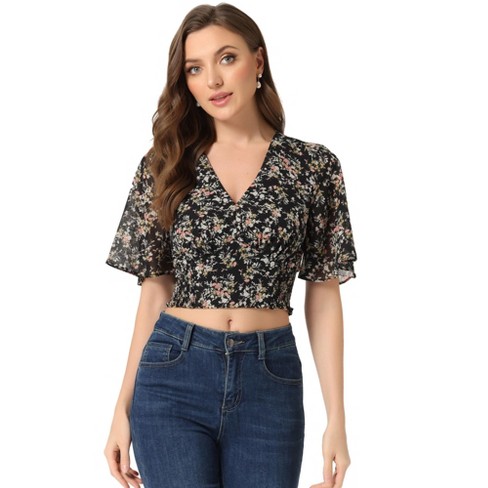 Allegra K Women's Floral Flare Short Sleeve V Neck Summer Smocked Crop Tops  Black Large : Target