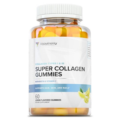 Super Collagen Gummies, Collagen Type I & III Supplement for Healthy Hair, Skin, & Nails, Lemon Flavor, Vitauthority , 60ct