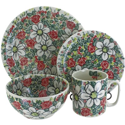 Blue Rose Polish Pottery Rose Garden 16 Piece Dinnerware Set