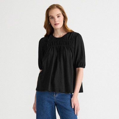 Lands' End Women's Smocked Crew Puff Sleeve Top