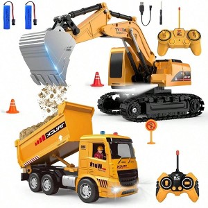 Remote Control Excavator Dump Truck Toy Set with Barricades, Road Signs, Rocks, Lights, and Sounds - Birthday Gift - 1 of 4