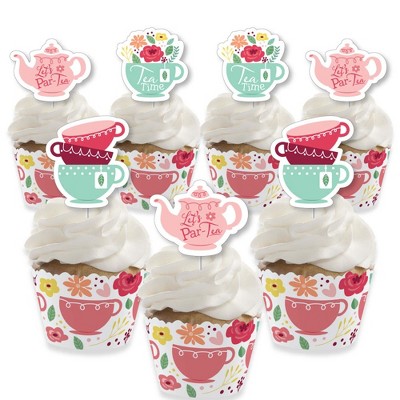 Big Dot of Happiness Floral Let's Par-Tea - Cupcake Decoration - Garden Tea Party Cupcake Wrappers and Treat Picks Kit - Set of 24