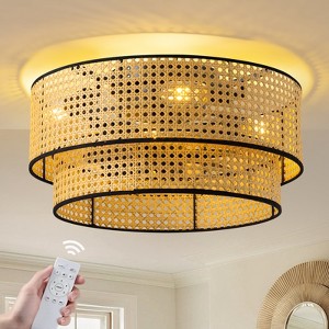 Ludomide 19" Boho Rattan Drum Flush Mount Ceiling Fans with Lights and Remote, Enclosed 2-Tier Woven Caged Low Profile Ceiling Fans for Kitchen - 1 of 4