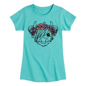 Girls' - Instant Message - Highland Cow Flower Crown Fitted Short Sleeve Graphic T-Shirt - 1 of 4