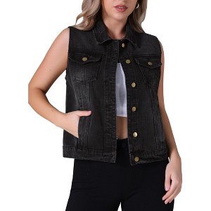 INSPIRE CHIC Women's Sleeveless Turndown Collar Button Down Chest Flap Pockets Washed Denim Vest - 1 of 4