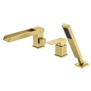 Sumerain Roman Tub Faucet with Hand Shower, 3 Hole Waterfall Deck Mount Bathtub Filler Brushed Gold - 1 of 4